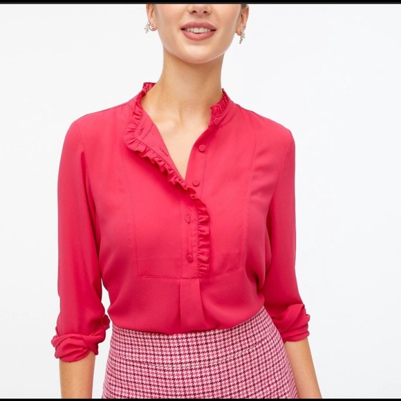 J. Crew Factory, Long-sleeve top with ruffles, BOLD HIBISCUS, Size 6 - Picture 3 of 4